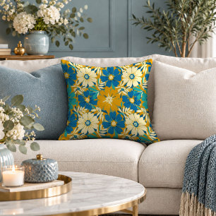Chic Yellow and Blue Abstract Floral Throw Pillow