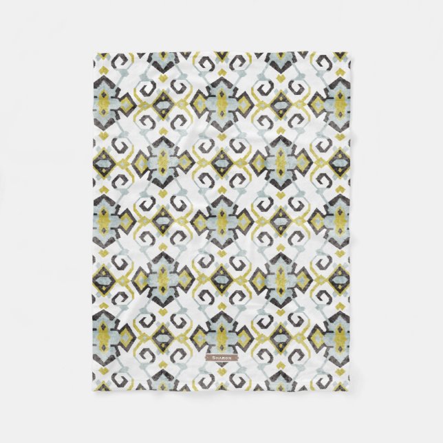 Chic yellow and gray ikat tribal pattern fleece blanket (Front)