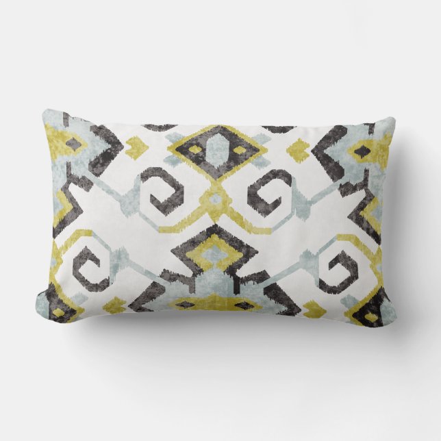 Chic yellow and gray ikat tribal pattern lumbar pillow (Front)