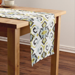 Chic yellow and gray ikat tribal pattern short table runner