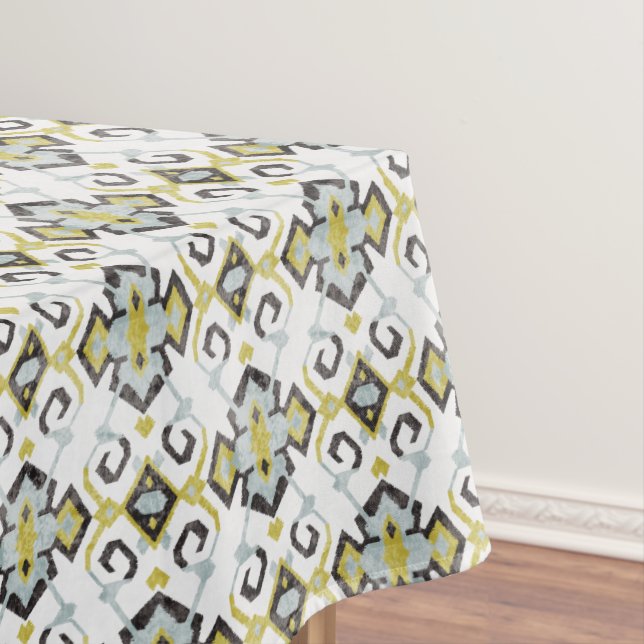 Chic yellow and gray ikat tribal pattern tablecloth (In Situ)