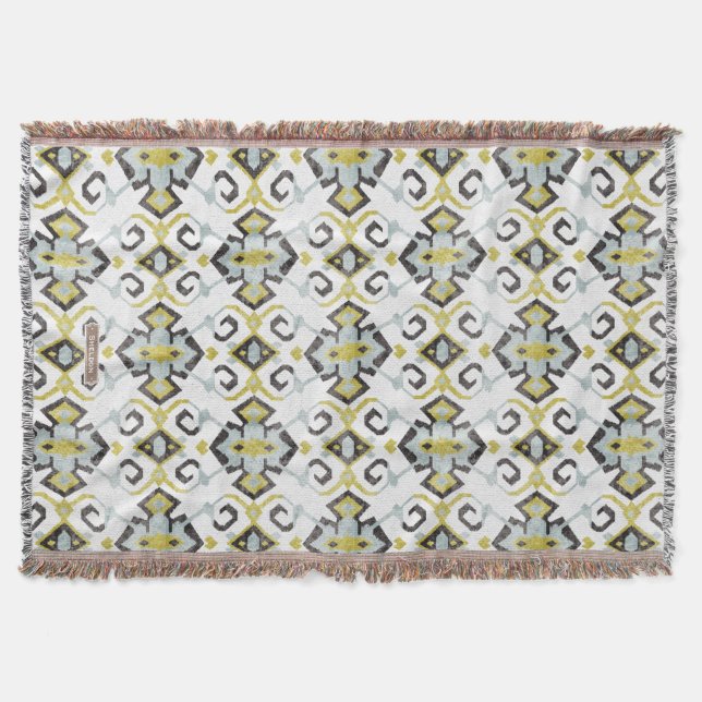 Chic yellow and gray ikat tribal pattern throw blanket (Front)