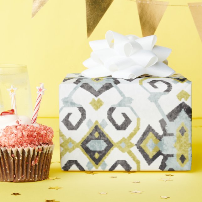 Chic yellow and gray ikat tribal pattern wrapping paper (Birthday Party)
