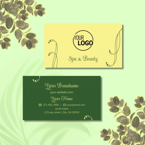 Chic Yellow and Green Ornamental with Logo Ornate Business Card