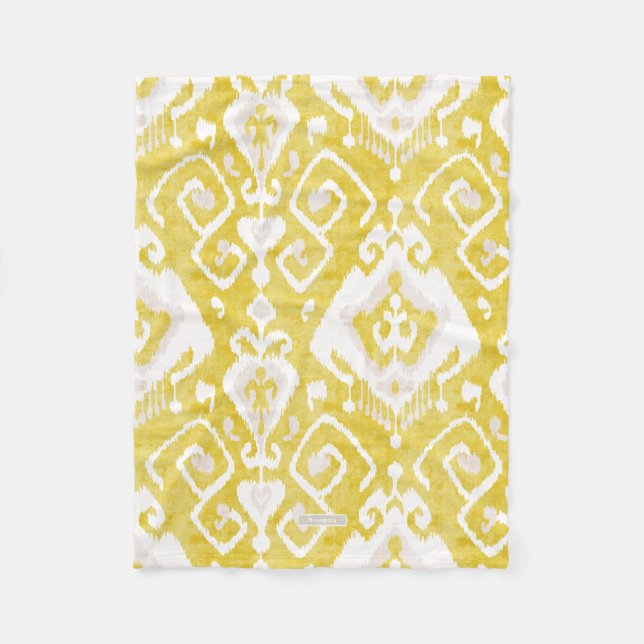 Chic yellow and grey damask ikat tribal pattern fleece blanket (Front)
