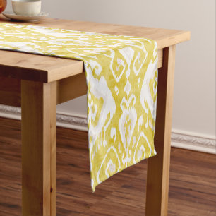 Chic yellow and grey damask ikat tribal pattern short table runner