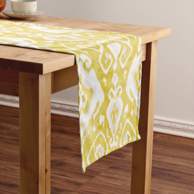 Chic yellow and grey damask ikat tribal pattern short table runner (In Situ)
