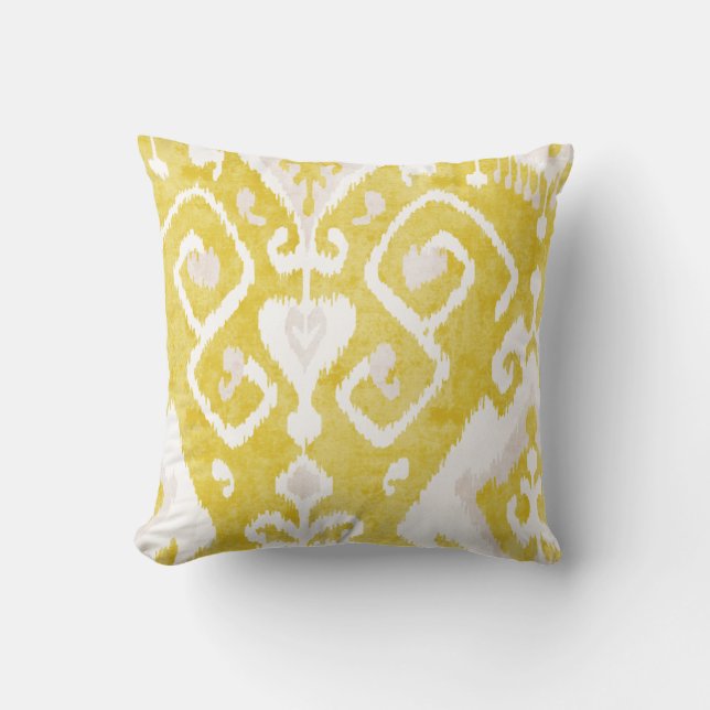 Chic yellow and grey damask ikat tribal pattern throw pillow (Front)