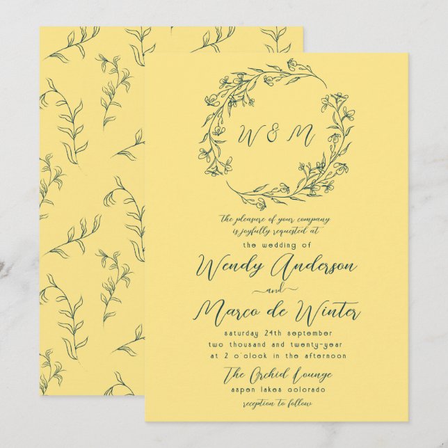 Chic Yellow and Tiber Blue Boho Botanical Wedding Invitation (Front/Back)