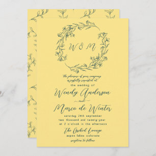 Chic Yellow and Tiber Blue Boho Botanical Wedding Invitation