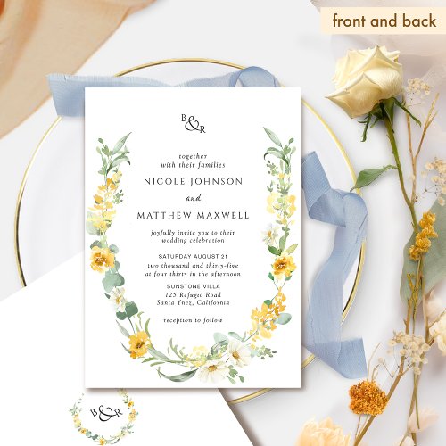 Chic Yellow and White Floral Monogram Wedding Invitation