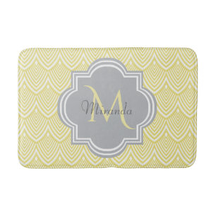 Chic Yellow Art Deco Scallops Gray Monogram Name Bathroom Mat
