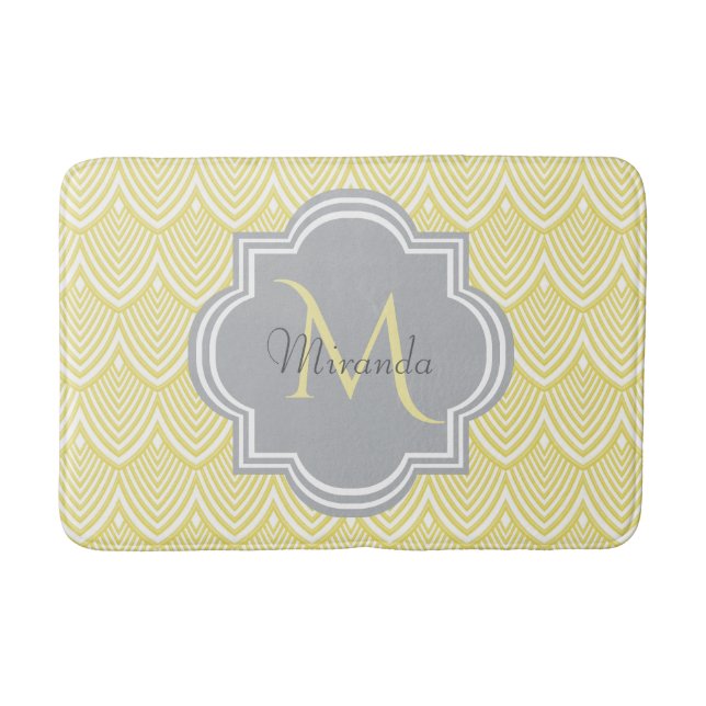 Chic Yellow Art Deco Scallops Gray  Monogram Name Bathroom Mat (Front)