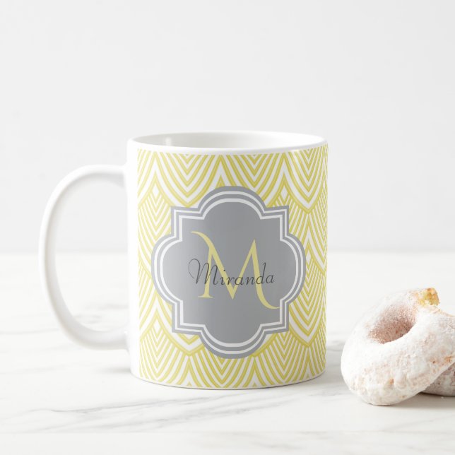 Chic Yellow Art Deco Scallops Gray Monogram Name Coffee Mug (With Donut)