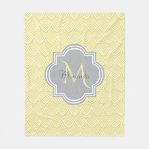 Chic Yellow Art Deco Scallops Gray  Monogram Name Fleece Blanket