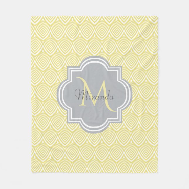 Chic Yellow Art Deco Scallops Gray  Monogram Name Fleece Blanket (Front)