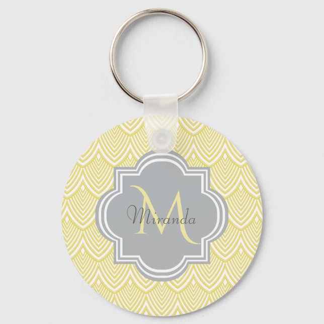 Chic Yellow Art Deco Scallops Gray Monogram Name Keychain (Front)