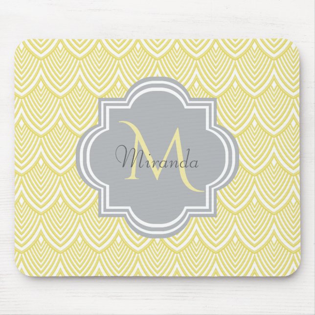 Chic Yellow Art Deco Scallops Gray  Monogram Name Mouse Pad (Front)
