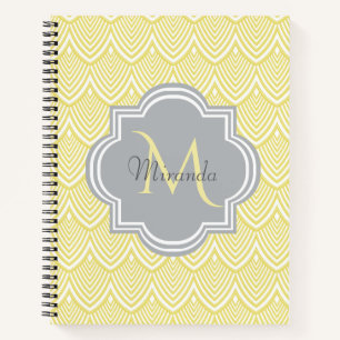 Chic Yellow Art Deco Scallops Gray Monogram Name Notebook
