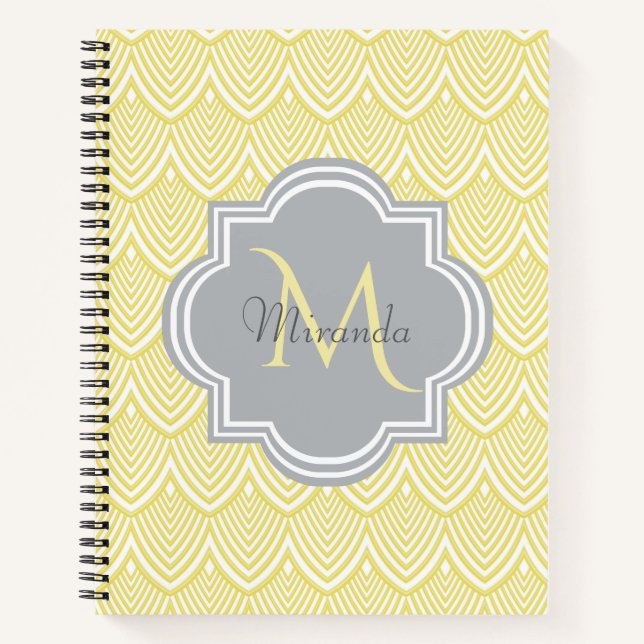 Chic Yellow Art Deco Scallops Gray  Monogram Name Notebook (Front)