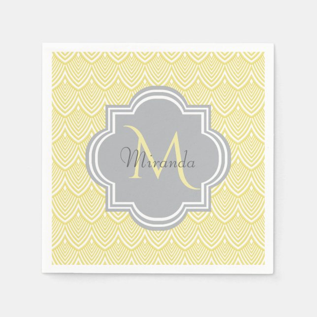Chic Yellow Art Deco Scallops Gray Monogram Name Paper Napkins (Front)