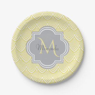 Chic Yellow Art Deco Scallops Gray Monogram Name Paper Plates