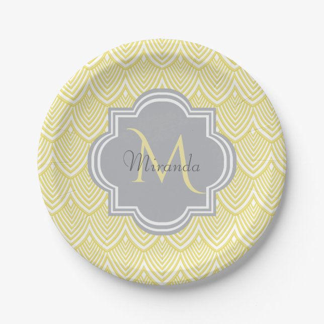 Chic Yellow Art Deco Scallops Gray Monogram Name Paper Plates (Front)