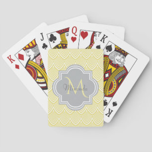 Chic Yellow Art Deco Scallops Gray Monogram Name Poker Cards