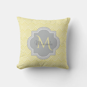 Chic Yellow Art Deco Scallops Gray Monogram Name Throw Pillow