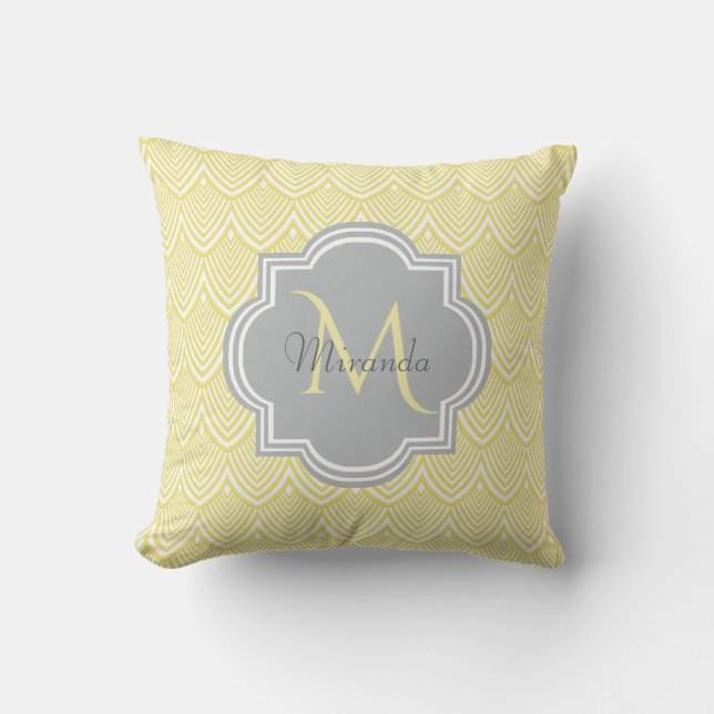 Chic Yellow Art Deco Scallops Gray  Monogram Name Throw Pillow (Front)