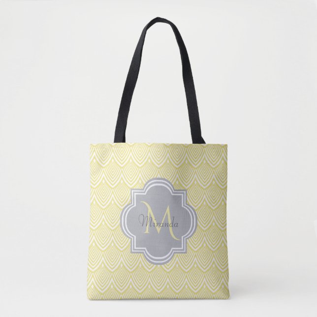 Chic Yellow Art Deco Scallops Gray Monogram Name Tote Bag (Front)