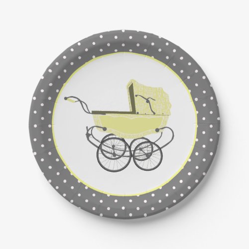 Chic Yellow Baby Buggy Baby Shower Paper Plate