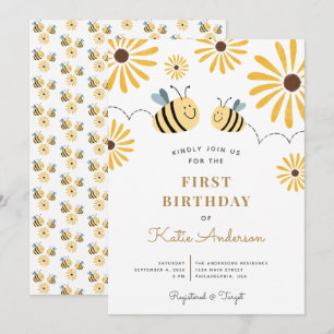 Chic Yellow Bee and Sunflower First Birthday Invitation