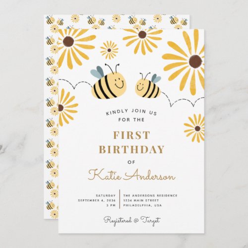Chic Yellow Bee and Sunflower First Birthday Invitation