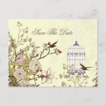 Chic yellow bird cage, love birds save the dates announcement postcard