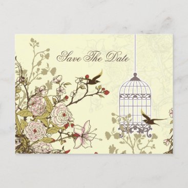 Chic yellow bird cage, love birds save the dates announcement postcard