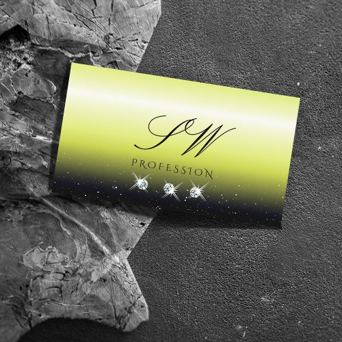 Chic Yellow Black Gradient Sparkle Jewels Monogram Business Card