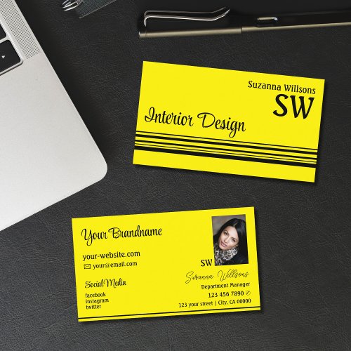 Chic Yellow Black Stripes with Monogram and Photo Business Card