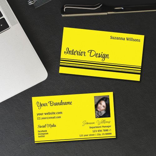 Chic Yellow Black Stripes with Photo Professional Business Card
