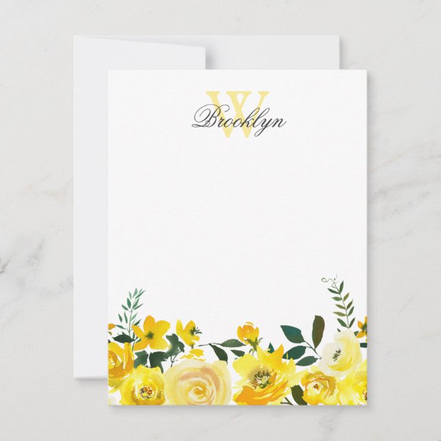 Chic Yellow Botanical Floral Monogrammed Note (Front)