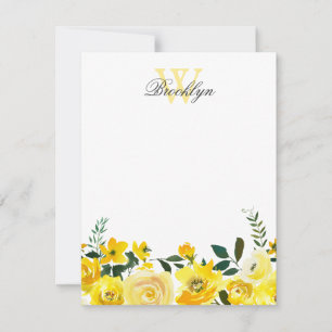 Chic Yellow Botanical Floral Monogrammed Note Card