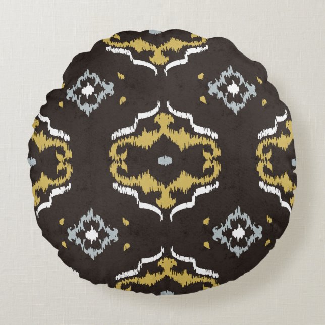 Chic yellow brown ikat tribal pattern round pillow (Front)