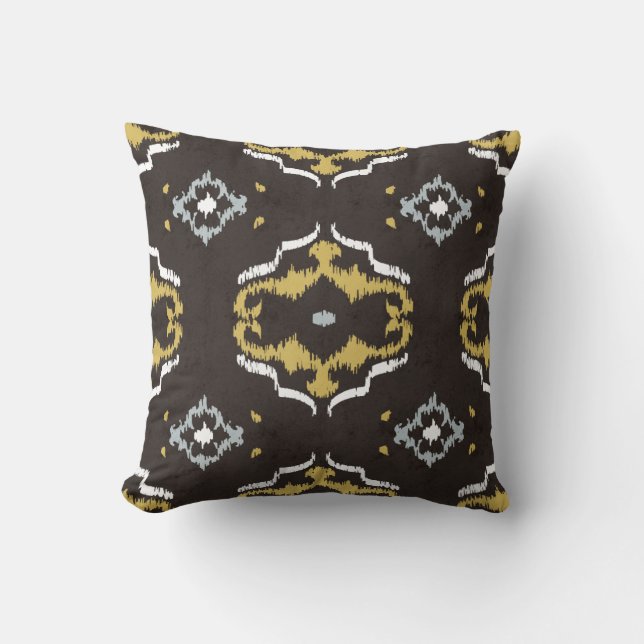 Chic yellow brown ikat tribal pattern throw pillow (Front)