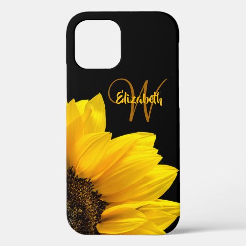 Chic Yellow Daisy Floral Monogram Name Black iPhone 12 Case