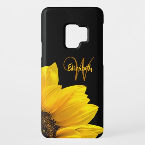 Chic Yellow Daisy Floral Monogram Name Black Case_Mate Samsung Galaxy S9 Case