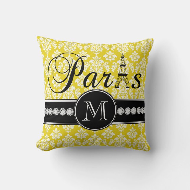 Chic Yellow Damask Paris Monogrammed Throw Pillow (Front)