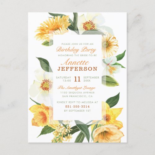 Chic Yellow Delicate Daisies Floral Birthday Party Invitation Postcard