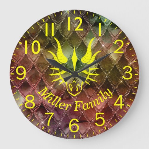 Chic Yellow Dragon Head  Colorful Dragon Scales Large Clock