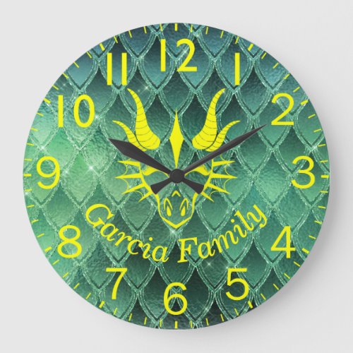 Chic Yellow Dragon Head  Green Dragon Scales Large Clock