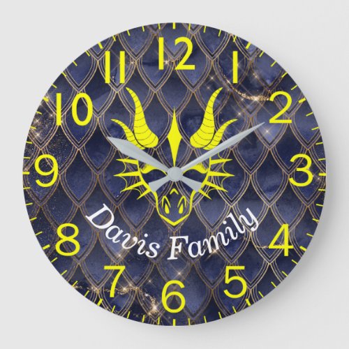 Chic Yellow Dragon Head on Blue Dragon Scales Large Clock